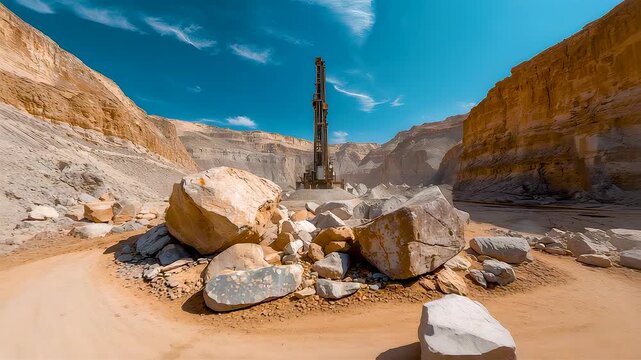 Tall metallic monolith standing among large boulders in sandy desert canyon under bright blue sky with scattered clouds