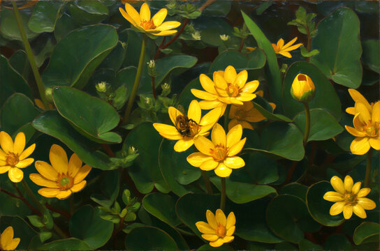Lesser Celandine flowers with bee on it. Oil painting. 