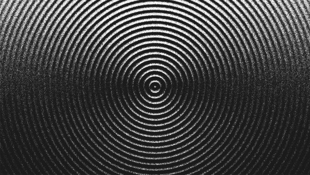 Stippling artwork with concentric circles geometry expand in rhythmic harmony. Ripple pattern made from countless dots creating illusion of light and shadow. Dynamic illusion of sound waves. Vector