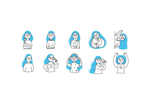 Blue Hair Girl Illustration Set