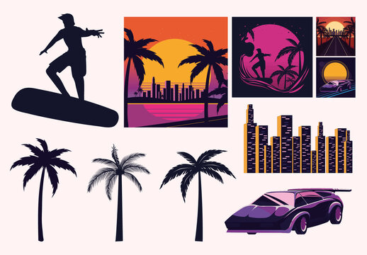 Synthwave Sunset Retro Illustration Set