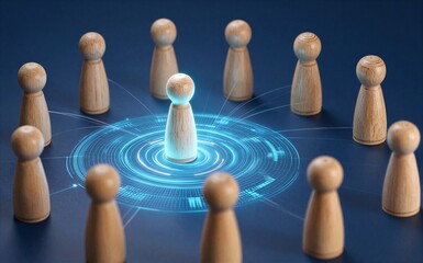 Obraz premium Central figure radiates blue energy surrounded by peers in a digital