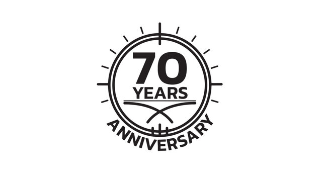 Circle logo design with "70 YEARS ANNIVERSARY" text and decorative elements in black and white. featuring celebration, symbol, graphic with event and