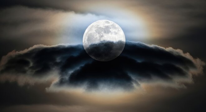 A radiant supermoon emerges from behind dramatic dark clouds in the night sky