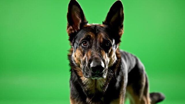 Portrait of a German Shepherd dog standing on green background with pointy ears perked up looking directly at camera with intense gaze and brown eyes, realistic photography style, studio lig