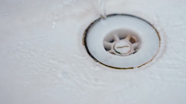 Closeup bathtub drain with black ring showing stain and grime resident inspects porcelain surface, soap residue and limescale buildup around drain, slow water film, quiet domestic cleaning mood,