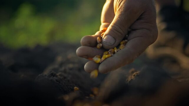 Farmer's hand gently sows cereal grains into fertile soil during spring planting season, cultivating corn seeds in prepared field for bountiful harvest. seed sowing process initiates the growth cycle