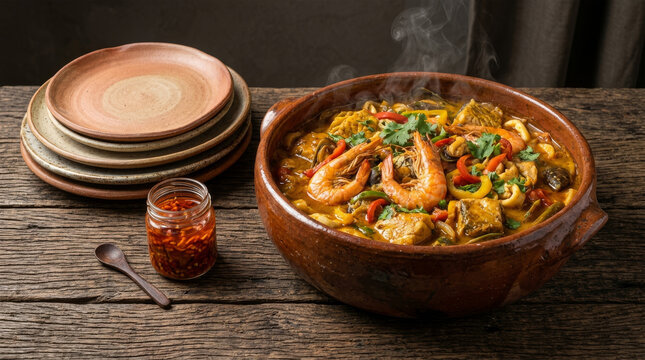 Rustic seafood stew with shrimp and chili peppers served in a clay pot on a rustic wooden table