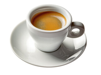 Fototapeta premium Isolated classic espresso coffee cup and saucer with rich dark beverage and golden brown crema