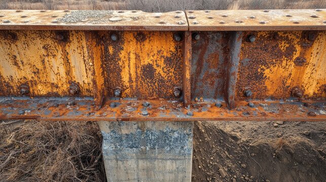 Bridge abutment details historic steel girder construction showing weathered rust patina riveted connections and structural engineering elements