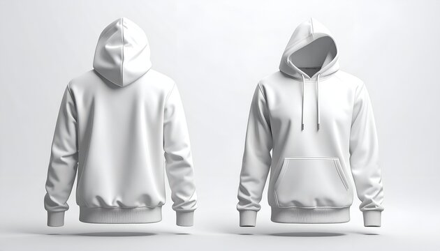 Blank White Hoodies Displayed Front and Back on a Clean White Background, Perfect for Mockups