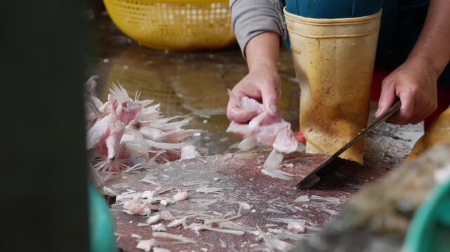 Vendor cuts fish fins using a cleaver on a wooden board while preparing seafood pieces for cleaning and sale at a busy traditional market. Traditional market.