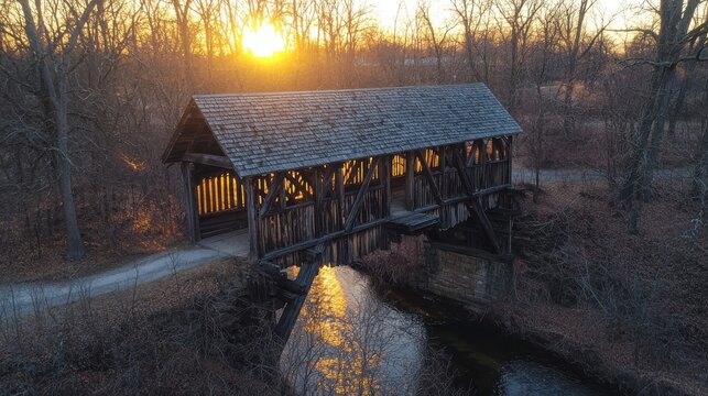 Golden hour bridge historic American covered wooden structure featuring traditional timber construction with weathered shingle roofing over stream