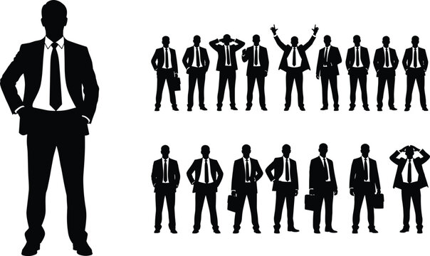 Businessman silhouettes, professional poses, confident gestures, office body language, corporate illustration, briefcase vector, leadership concept, modern design, business lifestyle composition