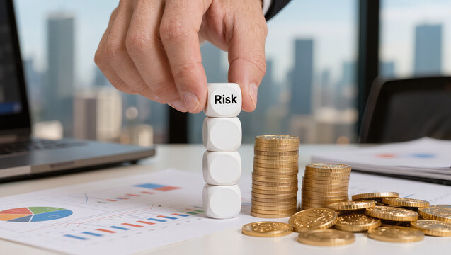 Business Hand Stacks 'Risk' Dice Over Financial Charts and Gold Coins