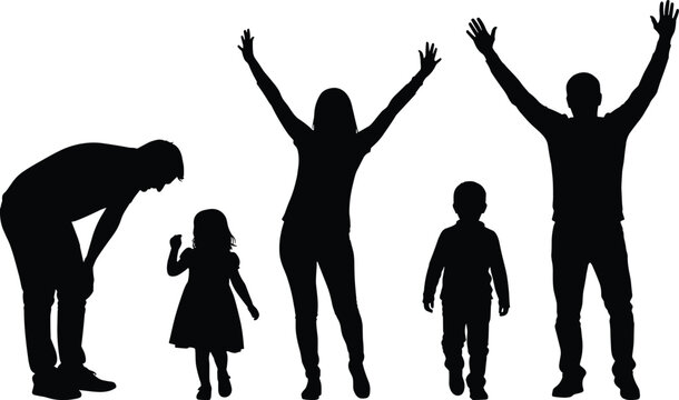 Family silhouettes, parents and children, joyful unity, standing poses, black illustration, family bonding concept, artistic vector, lifestyle design, togetherness composition