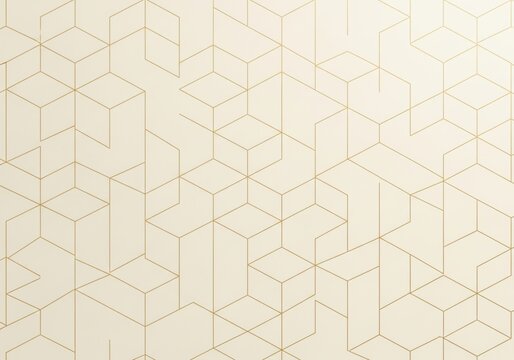 Interlocking geometric cubes pattern with thin gold lines on a cream background