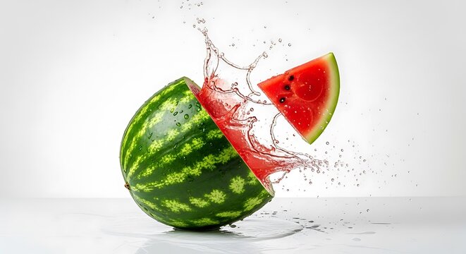 A juicy slice of watermelon exploding in mid-air with water splashing