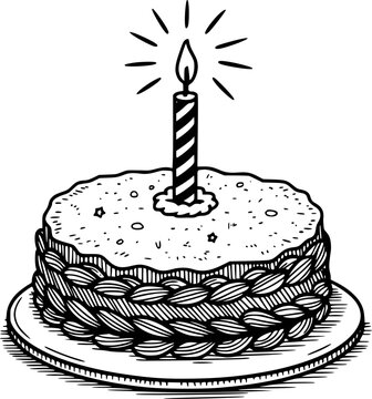 Hand drawn birthday cake with lit candle white background isolated celebration food