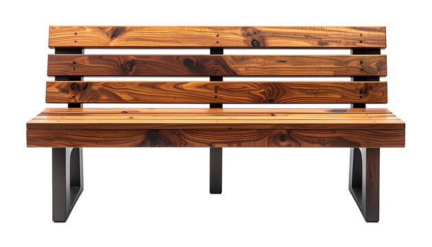 Rustic wooden bench with a slatted back and metal legs on black