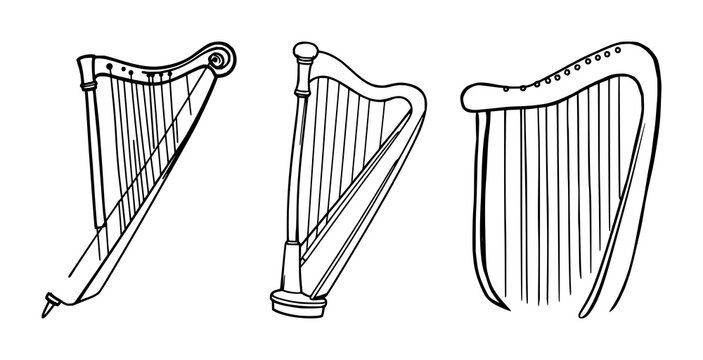 Harp tuning pin set with black line art on white background featuring iconography, minimalist, vector graphic with musical instrument and musical notation