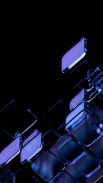 Abstract purple glass blocks on a black background, vertical 3d render
