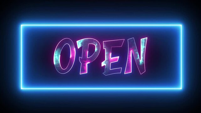 Open text with glowing neon border effect, isolated on black background