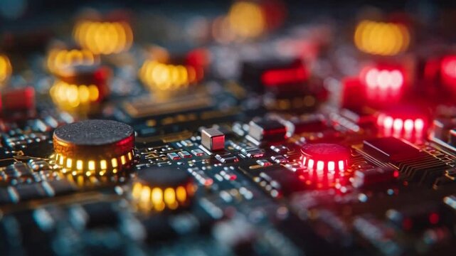 A detailed macro shot of a futuristic electronic circuit board featuring glowing red and golden light components, representing advanced technology digital processing and hardware.