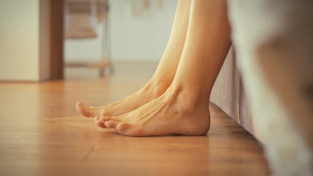 Young girl gently swings her bare feet off bed, stretching them after refreshing morning nap at home. She slowly places her feet floor, marking serene start to her day with natural awakening process