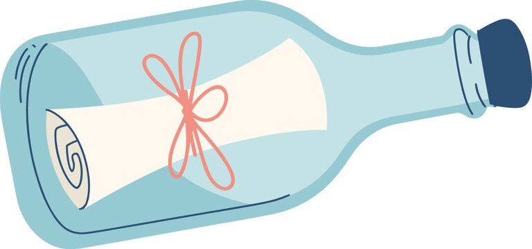 Message in a bottle vector with rolled-up paper and red string for romantic and adventure-themed designs.