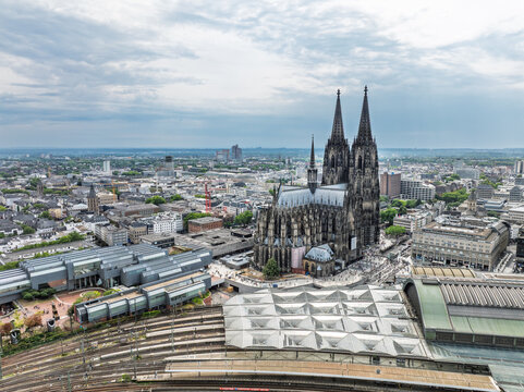 Cologne City Cathedral and Central Train Station, Hbf. Germany, Drone. Sightseeing