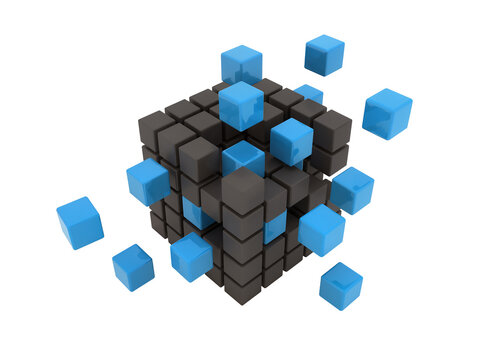 Isolated abstract 3D render of floating blue cubes and black cubes structure, network concept.