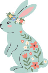Obraz premium Cute mint blue Easter bunny with floral pattern and wreath. Flat vector illustration