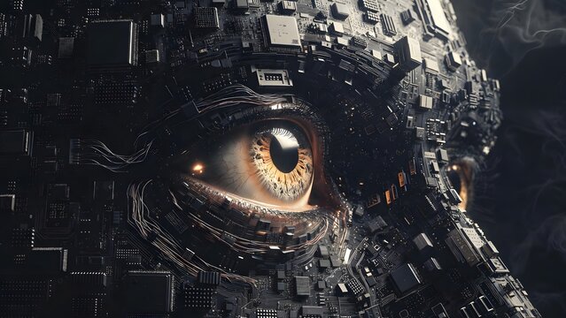 Human eye surrounded by black microchips and server parts. Privacy and digital surveillance. Cybernetic face detail with intricate wires and dark technical hardware components