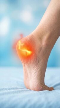 Plantar fasciitis heel pain foot ankle inflammation injury closeup heel and foot fascia tendon strain discomfort symptom during walking with red glow tenderness near ankle soft surface blue background
