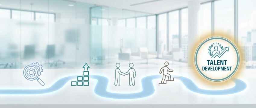 Talent Development, Career Path, Human Resources, Business Growth, Recruitment, Professional Success, Employee Training roadmap concept on a blurred modern corporate office background.