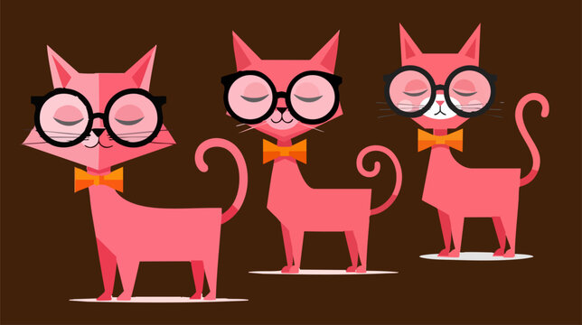 Retro pink cat characters with glasses and bow ties, flat vector illustration of three stylish felines, mid-century modern aesthetic animal set