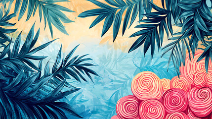 Naklejka premium A serene tropical scene with lush greenery and vibrant pink roses in the foreground.