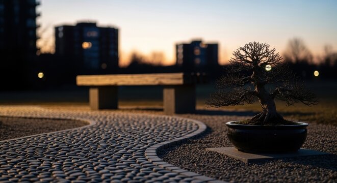 Serene Zen Garden Pathway with Pebbles, Bonsai Tree, and Distant Cityscape at Dusk