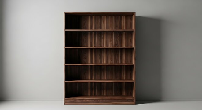 A tall, empty wooden bookcase stands against a neutral gray wall, with five shelves