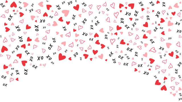 A festive valentine background featuring scattered pink hearts and black xo text on white space