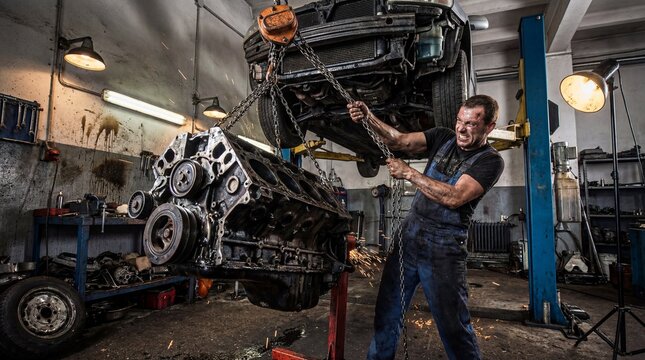 Struggling Mechanic Lifting Heavy V8 Engine Block with Chain Hoist in Grungy Garage