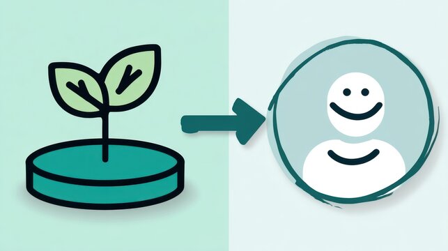 Illustrated sprout growing, evolving towards a smiling human figure in a circle