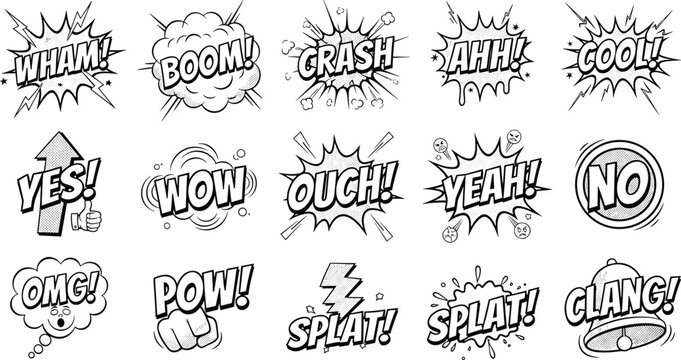 Vector illustration of comic sound effect words with dynamic bursts, explosions, and motion lines in pop art style