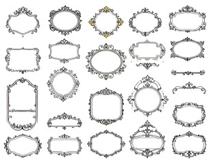 Obraz premium Various ornate frames and borders in black and white, some with gold accents on a white background
