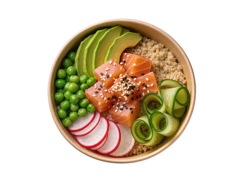 Isolated fresh salmon poke bowl with quinoa, avocado, peas, radish and cucumber slices