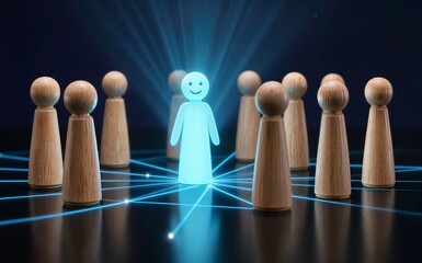 A glowing smiling figure stands out among wooden peers radiating