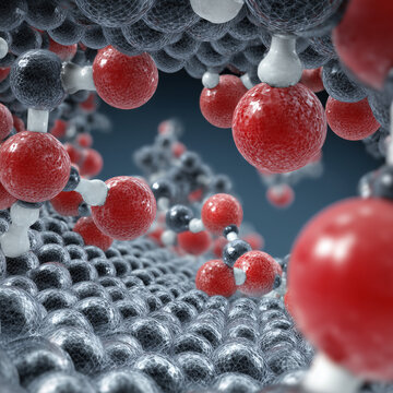 Atomic-scale 3D illustration of carbon monoxide and nitrogen oxide reacting on a platinum catalyst surface
