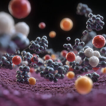 Microscopic 3D rendering of molecules undergoing chemical reaction on a textured catalyst surface