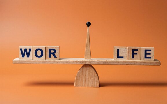Wooden scale balances 'WOK' and 'LIFE' symbolizing the trade-off